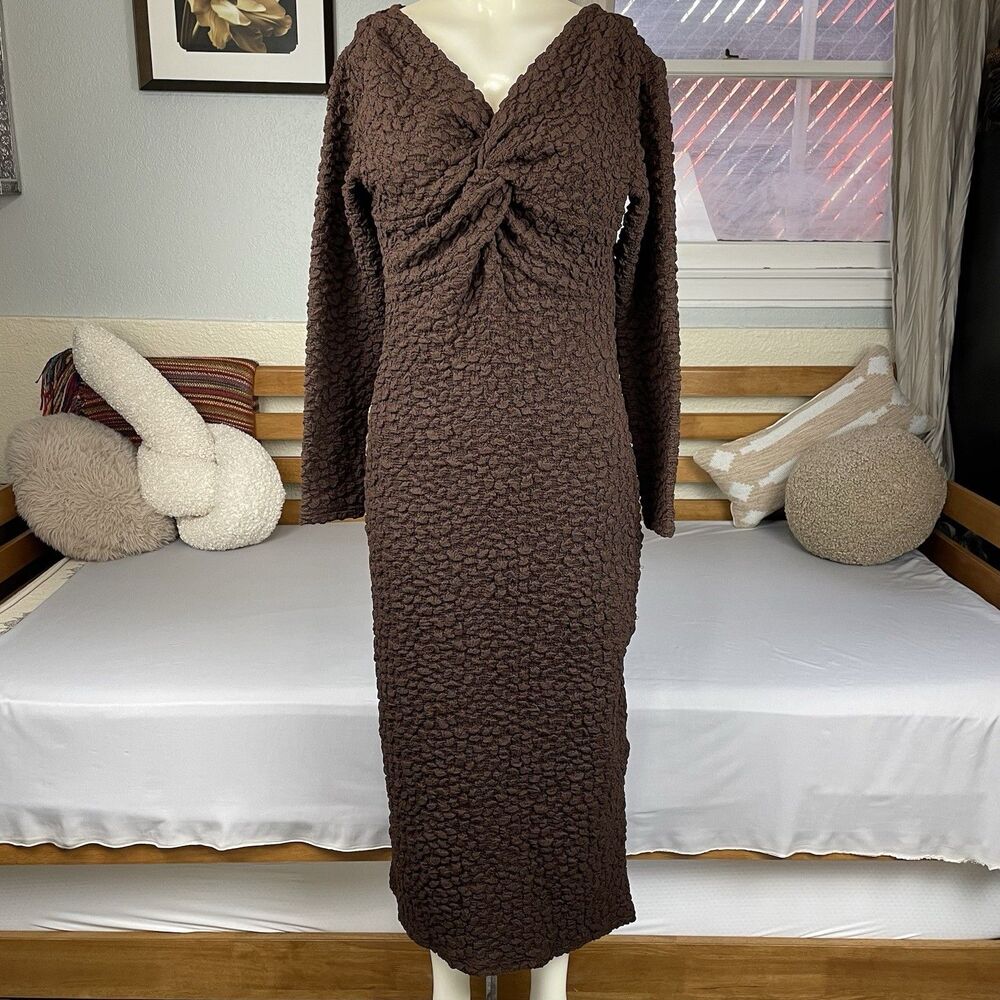 ASTR The Label Textured Knit Midi Dress Women's Med Brown Twist Knot Bodycon